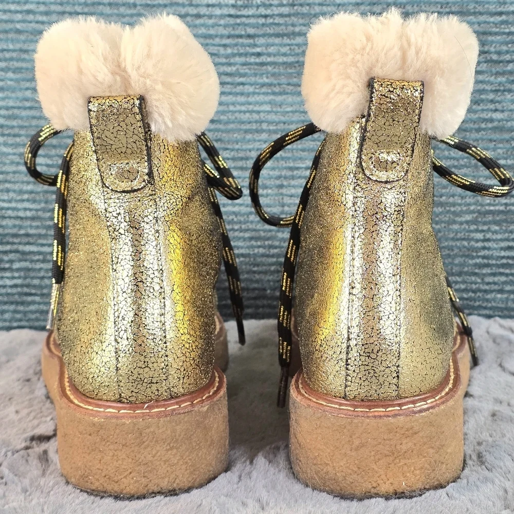 J Crew Gold Metallic Winter Shearling Boots, Wedge Crepe Sole,  Womens Sz 6